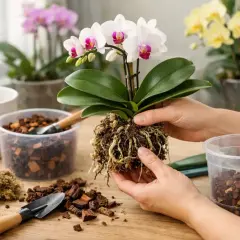 Manos sostienen orquídea con raíces expuestas, lista para trasplantar. Alrededor, corteza, musgo y herramientas de jardinería.