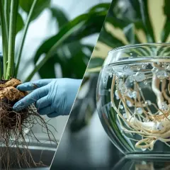 Manos con guantes azules revisan raíces de monstera, algunas con signos de monstera raíces podridas, otras en agua oxigenada.