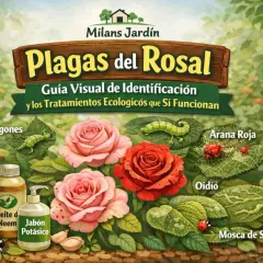 Ilustración de rosas con plagas: pulgones, araña roja, oídio y mosca de sierra. Se muestran remedios como aceite de neem y jabón potásico. Las hojas de rosal comidas son un claro signo de infestación.