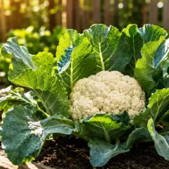Coliflor blanca y fresca, lista para cosechar. Hay varios tipos de coliflor, pero esta es una de las más comunes.