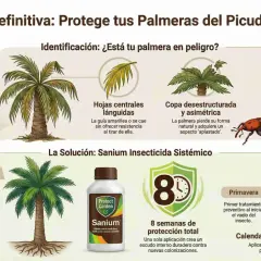 Guía para proteger palmeras del picudo rojo. Muestra síntomas de infestación, como hojas lánguidas y copa desestructurada, y la solución: Sanium Insecticida Sistémico, eficaz contra el gusano de palmera.