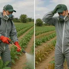 Hombre con traje protector y mascarilla rocía herbicida en su parcela.