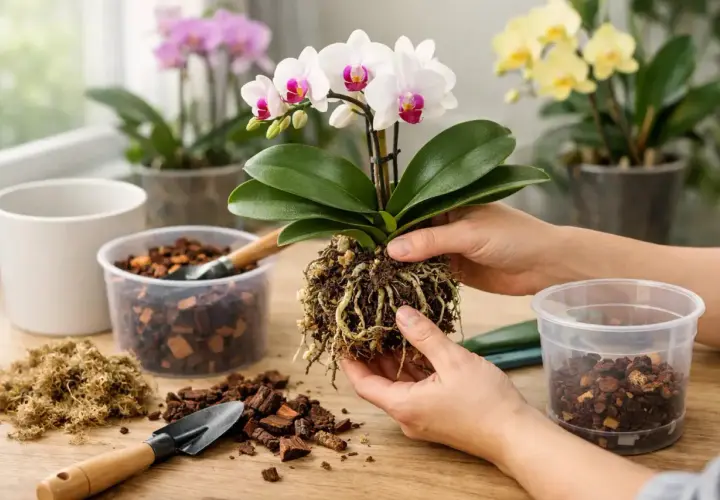 Manos sostienen orquídea con raíces expuestas, lista para trasplantar. Alrededor, corteza, musgo y herramientas de jardinería.