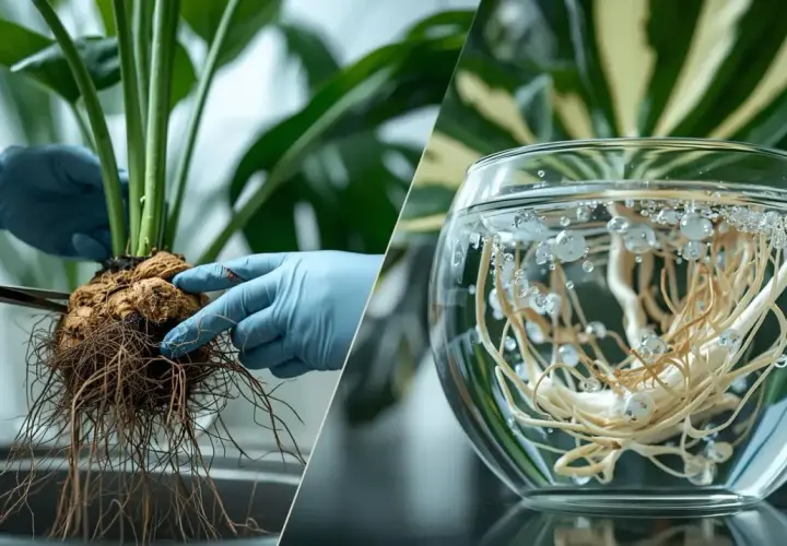 Manos con guantes azules revisan raíces de monstera, algunas con signos de monstera raíces podridas, otras en agua oxigenada.
