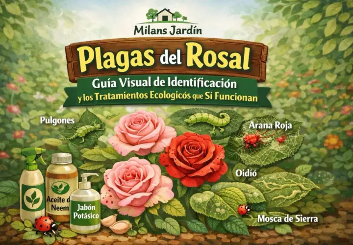 Ilustración de rosas con plagas: pulgones, araña roja, oídio y mosca de sierra. Se muestran remedios como aceite de neem y jabón potásico. Las hojas de rosal comidas son un claro signo de infestación.