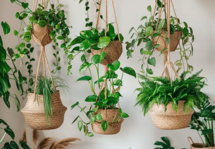Un salón acogedor con varias plantas colgantes en macetas de mimbre, creando un rincón verde y natural.