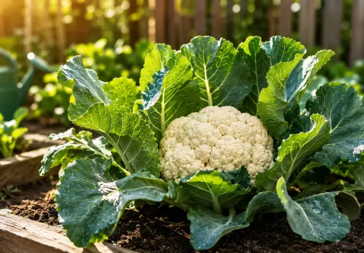Coliflor blanca y fresca, lista para cosechar. Hay varios tipos de coliflor, pero esta es una de las más comunes.