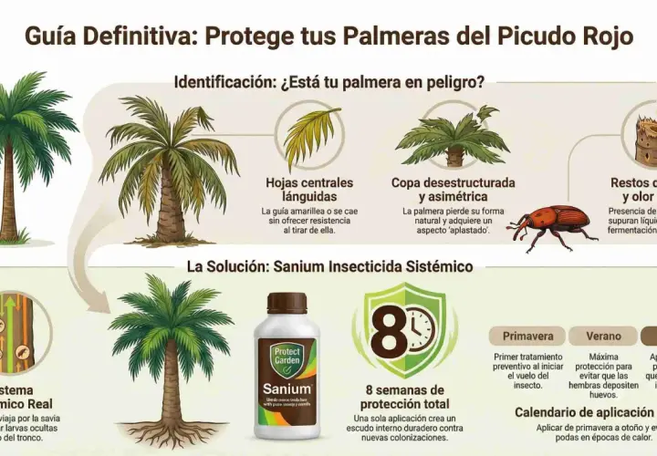 Guía para proteger palmeras del picudo rojo. Muestra síntomas de infestación, como hojas lánguidas y copa desestructurada, y la solución: Sanium Insecticida Sistémico, eficaz contra el gusano de palmera.