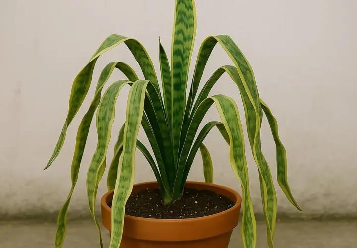 Sansevieria con hojas muy largas y caídas, de un verde intenso con bordes amarillos, en una maceta de terracota.