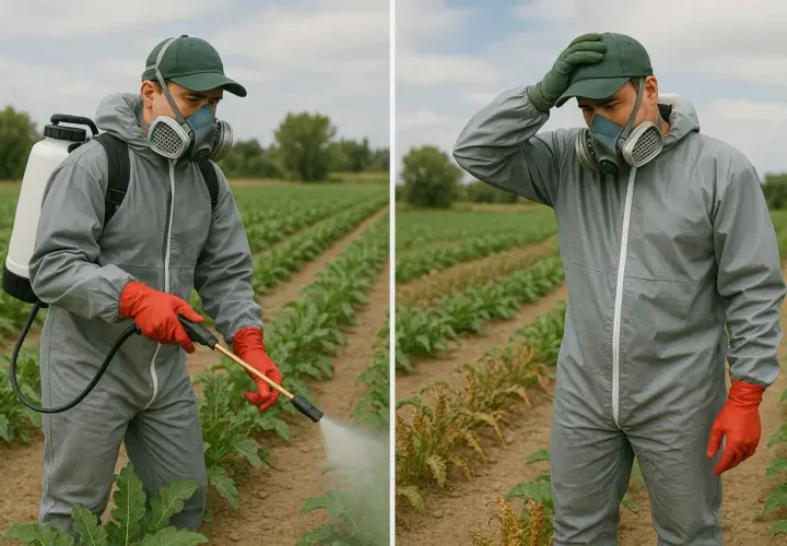 Hombre con traje protector y mascarilla rocía herbicida en su parcela.