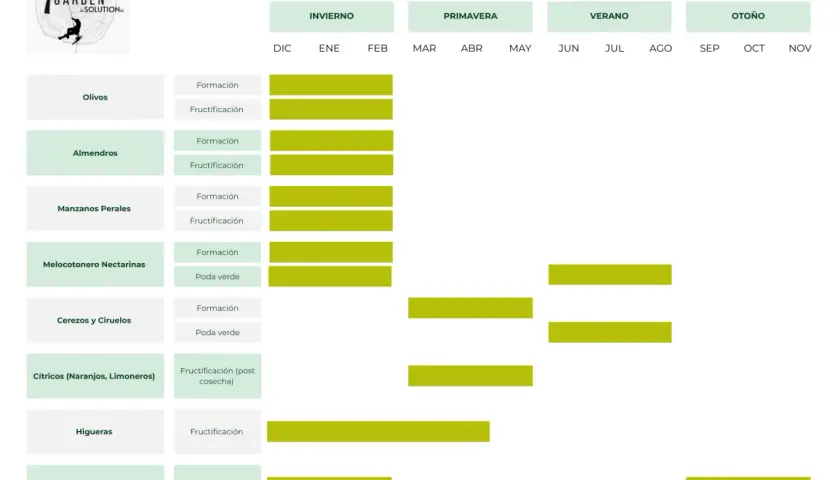 Calendario poda frutales en España: olivos, almendros, manzanos, melocotoneros, cerezos, cítricos, higueras y vid. Muestra épocas de formación y fructificación.