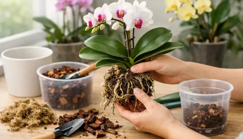 Manos sostienen orquídea con raíces expuestas, lista para trasplantar. Alrededor, corteza, musgo y herramientas de jardinería.
