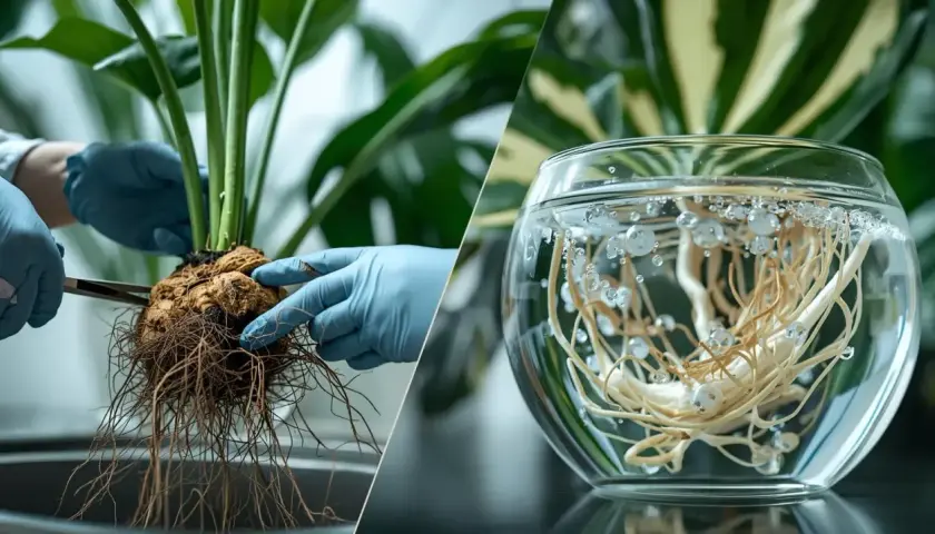 Manos con guantes azules revisan raíces de monstera, algunas con signos de monstera raíces podridas, otras en agua oxigenada.