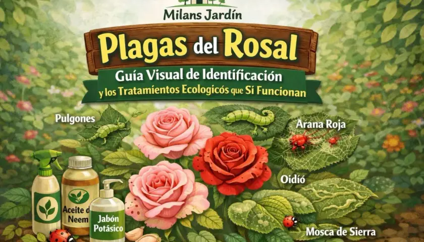 Ilustración de rosas con plagas: pulgones, araña roja, oídio y mosca de sierra. Se muestran remedios como aceite de neem y jabón potásico. Las hojas de rosal comidas son un claro signo de infestación.