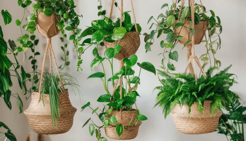 Un salón acogedor con varias plantas colgantes en macetas de mimbre, creando un rincón verde y natural.