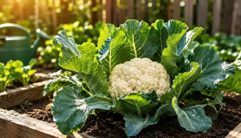 Coliflor blanca y fresca, lista para cosechar. Hay varios tipos de coliflor, pero esta es una de las más comunes.