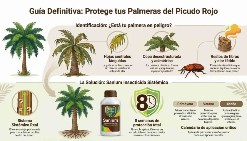 Guía para proteger palmeras del picudo rojo. Muestra síntomas de infestación, como hojas lánguidas y copa desestructurada, y la solución: Sanium Insecticida Sistémico, eficaz contra el gusano de palmera.