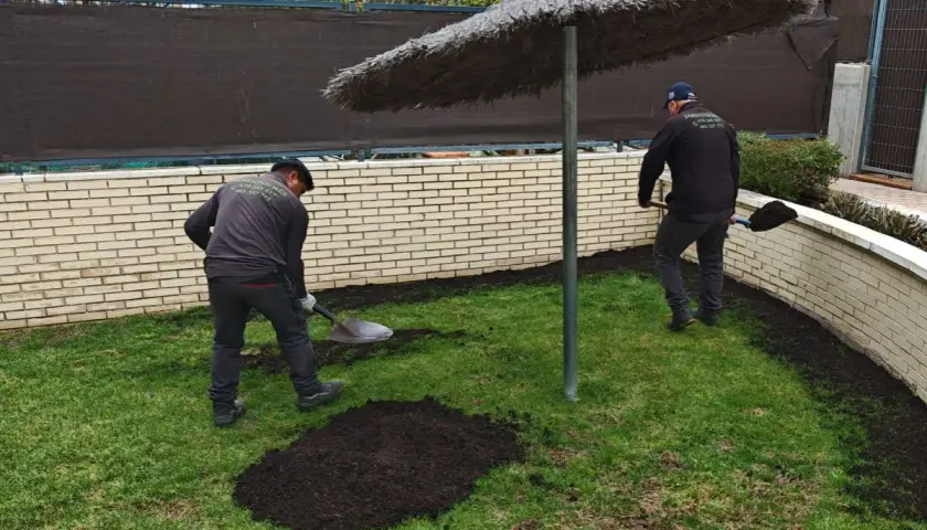 Jardineros esparciendo tierra, mostrando la diferencia entre sustrato y mantillo para mejorar el jardín.