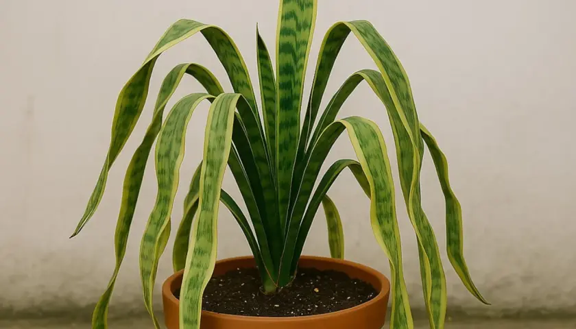 Sansevieria con hojas muy largas y caídas, de un verde intenso con bordes amarillos, en una maceta de terracota.