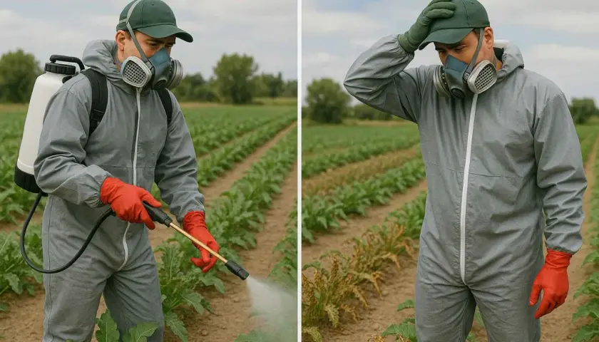Hombre con traje protector y mascarilla rocía herbicida en su parcela.