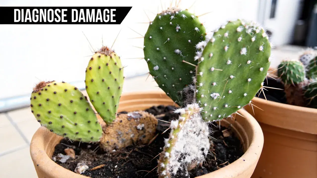 Primer plano de un cactus con manchas amarillas y blancas, indicando posibles enfermedades de los cactus. Fotos de daños.