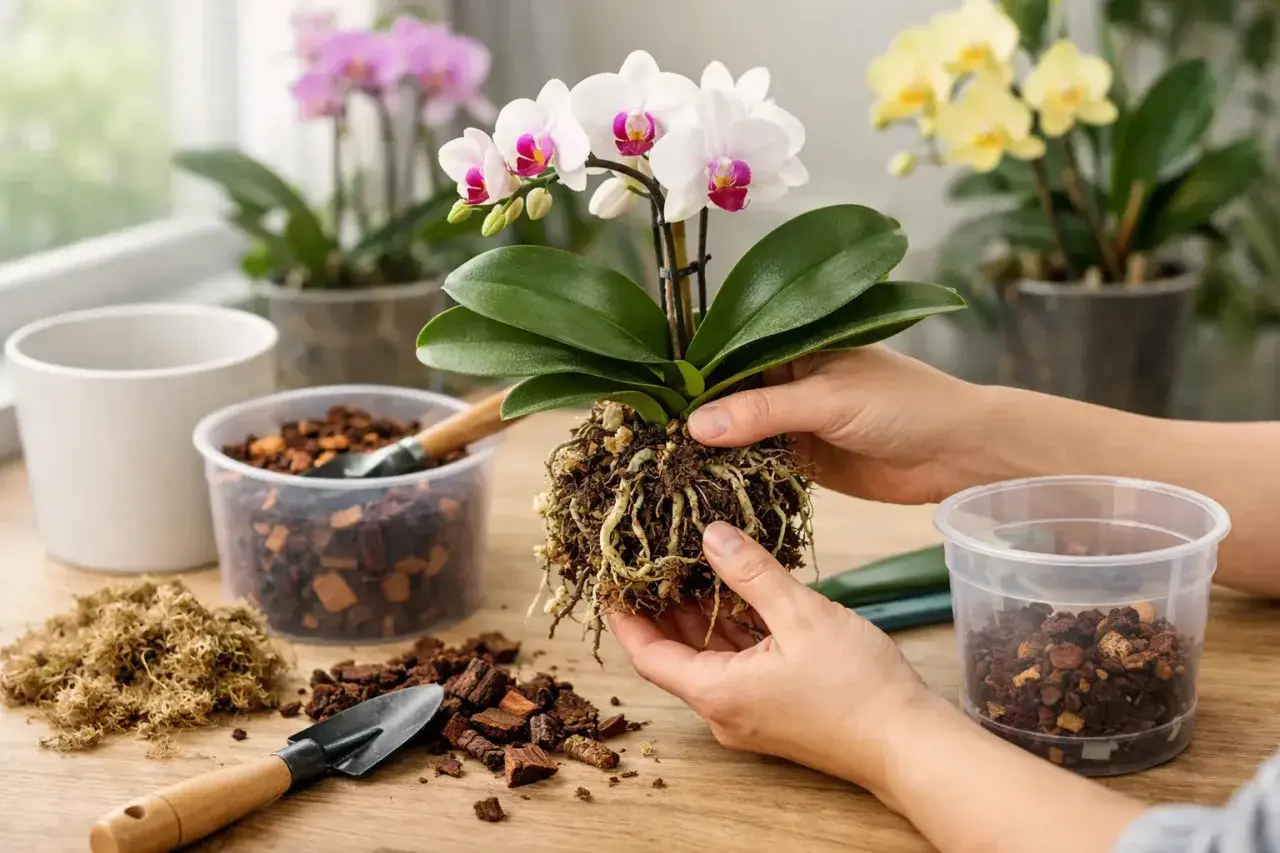 Manos sostienen orquídea con raíces expuestas, lista para trasplantar. Alrededor, corteza, musgo y herramientas de jardinería.