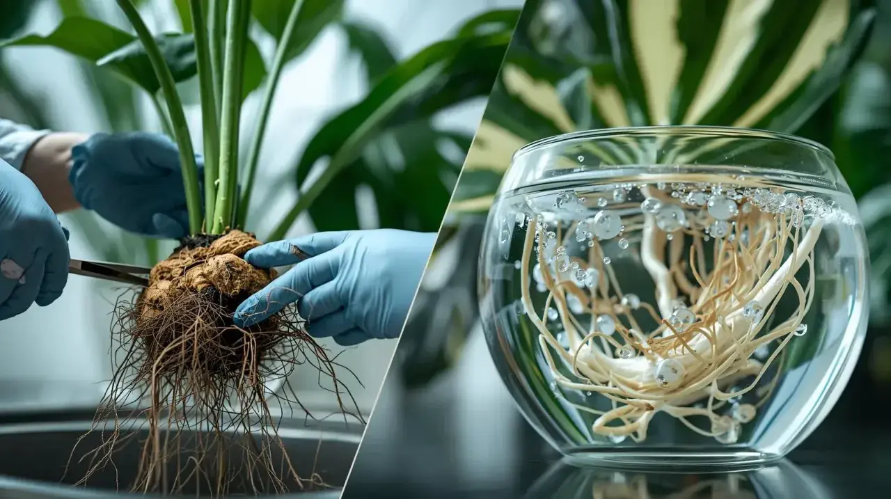Manos con guantes azules revisan raíces de monstera, algunas con signos de monstera raíces podridas, otras en agua oxigenada.