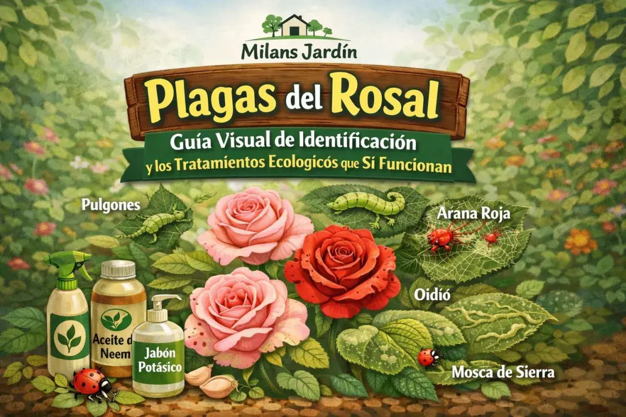 Ilustración de rosas con plagas: pulgones, araña roja, oídio y mosca de sierra. Se muestran remedios como aceite de neem y jabón potásico. Las hojas de rosal comidas son un claro signo de infestación.