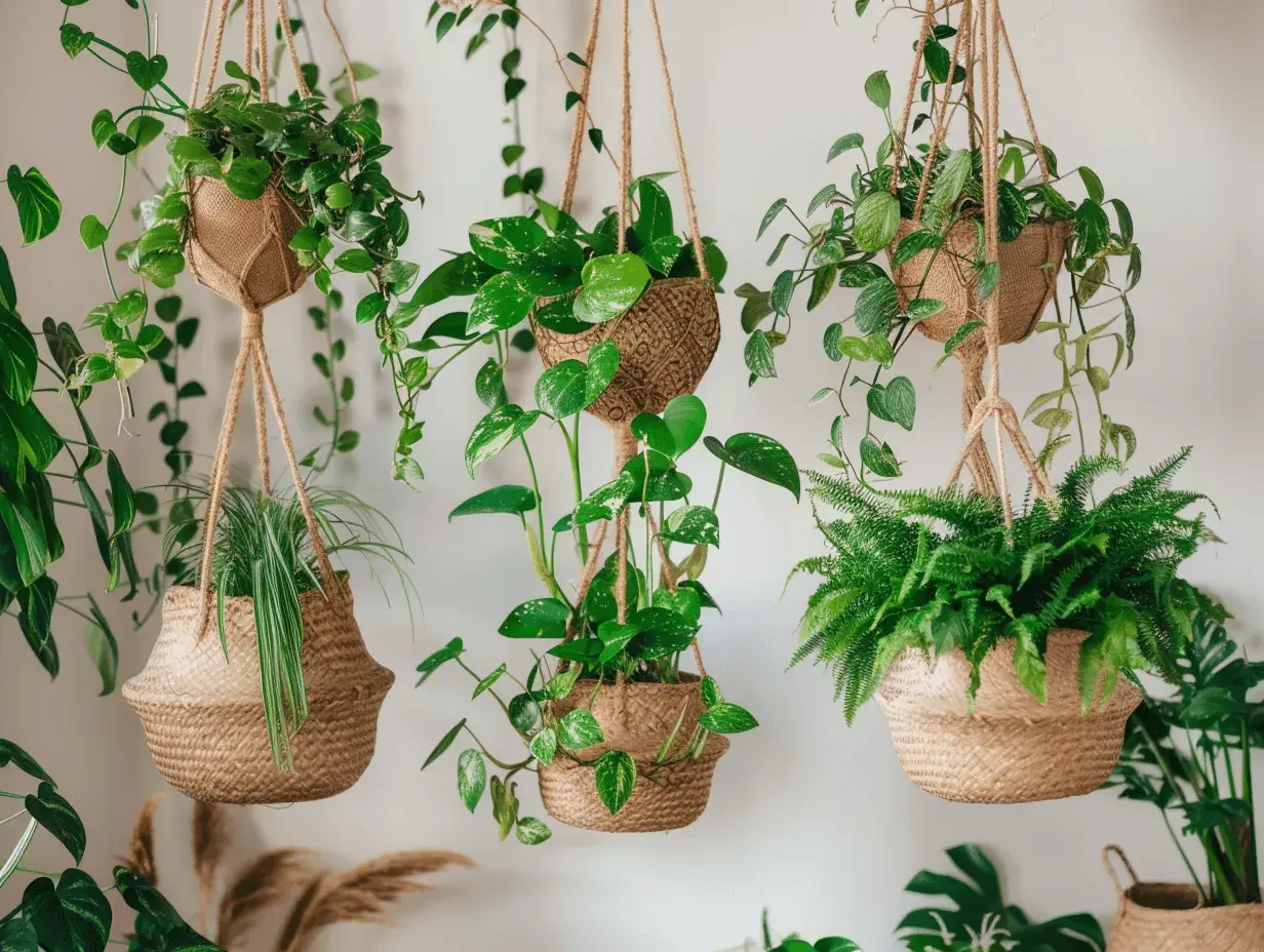 Un salón acogedor con varias plantas colgantes en macetas de mimbre, creando un rincón verde y natural.