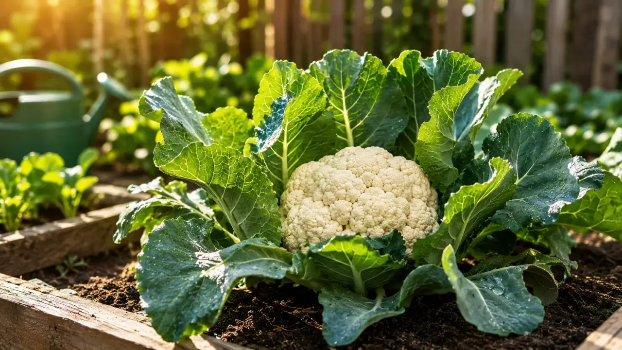 Coliflor blanca y fresca, lista para cosechar. Hay varios tipos de coliflor, pero esta es una de las más comunes.
