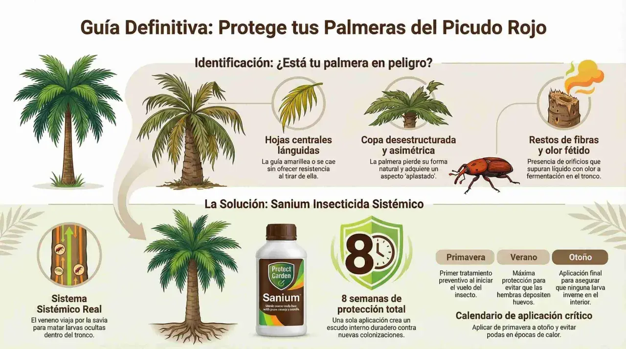 Guía para proteger palmeras del picudo rojo. Muestra síntomas de infestación, como hojas lánguidas y copa desestructurada, y la solución: Sanium Insecticida Sistémico, eficaz contra el gusano de palmera.