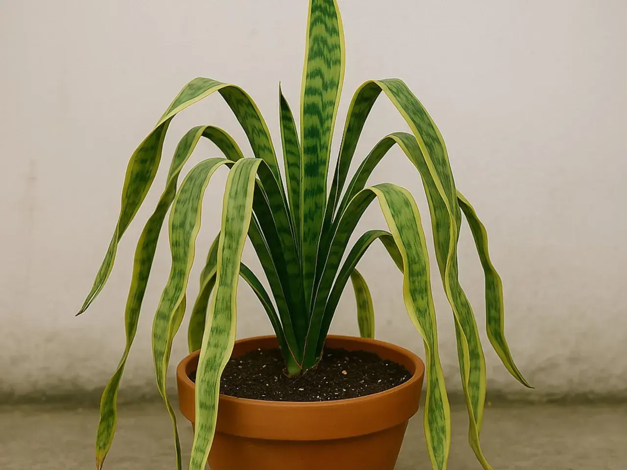 Sansevieria con hojas muy largas y caídas, de un verde intenso con bordes amarillos, en una maceta de terracota.