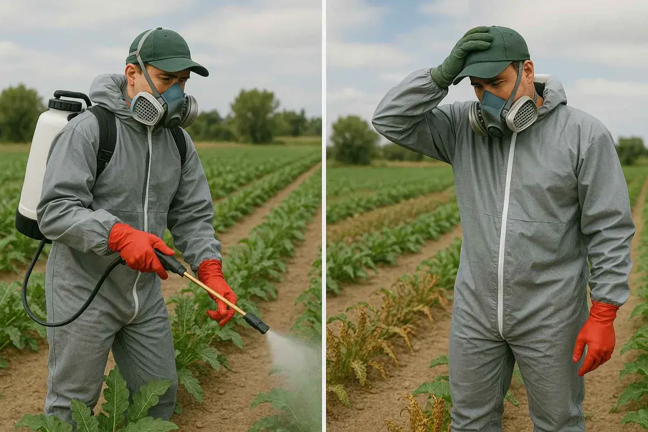 Hombre con traje protector y mascarilla rocía herbicida en su parcela.