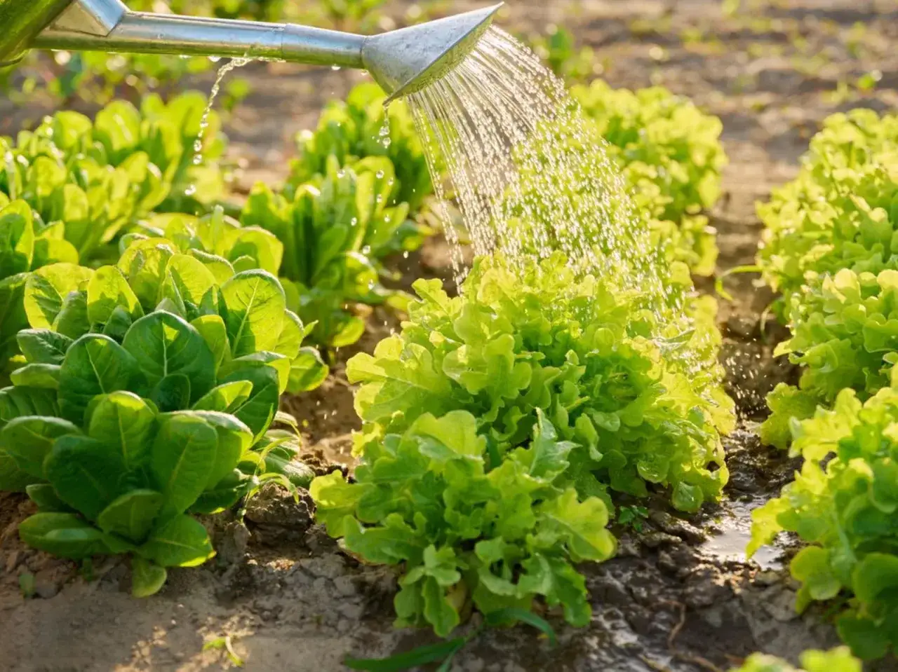 Rociando agua sobre lechugas reci&eacute;n plantadas en un huerto. Las hojas verdes brillan bajo el sol.