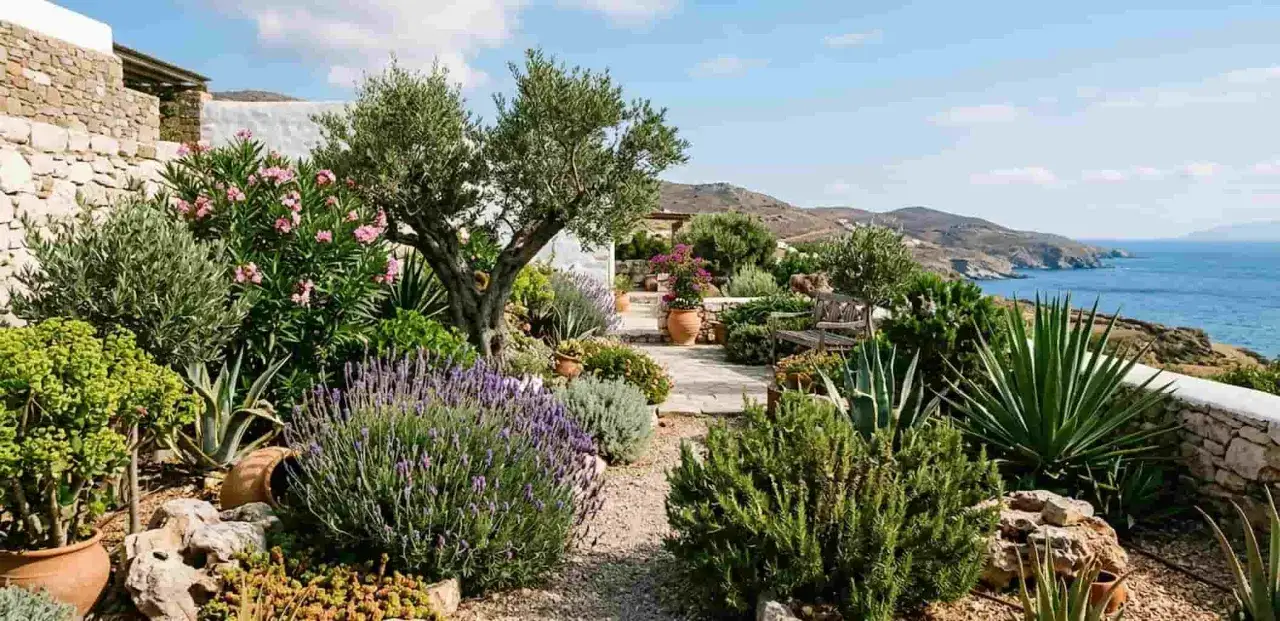 Jard&iacute;n mediterr&aacute;neo con plantas de exterior resistentes al sol y poca agua: lavanda, romero, olivo y agaves.