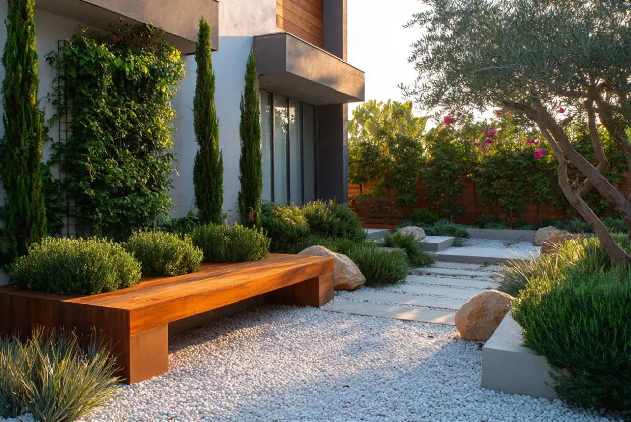 Un banco de madera invita a disfrutar de este jardín moderno con exuberantes plantas de exterior, cipreses y olivos.