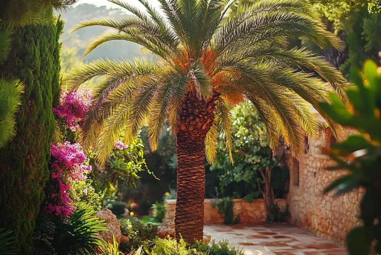 Un jardín soleado con varios tipos de palmeras, cipreses y flores rosas vibrantes.